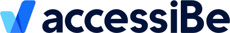 The Accessibe logo. At the start is a light blue tick shape followed by the rest of the logo. It is a dark navy blue shade.